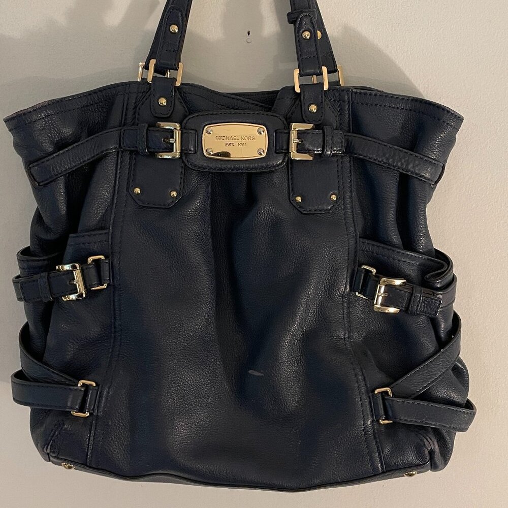 Michael Kors Brown Gansevoort Leather Purse, Tote, Travel Bag - Navy Blue